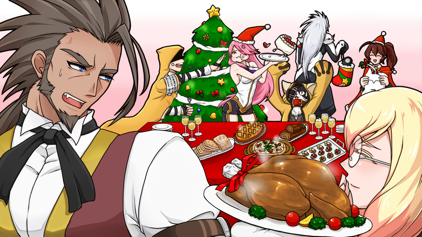 3girls 4boys :t ahoge anger_vein arakune arc_system_works armor artist_request bare_shoulders blazblue blazblue_phase_0 blue_eyes blush breasts cake cameo cat celica_a_mercury christmas dark_skin eyepatch eyes_closed facial_hair fang food food_on_face glasses hair_over_one_eye hakumen hat hood jubei_(blazblue) konoe_a_mercury long_hair mask multiple_boys multiple_girls open_mouth ponytail silver_hair smile stuffed_toy sweatdrop tree trinity_glassfield valkenhayn_r_hellsing witch_hat yellow_eyes younger yuuki_terumi