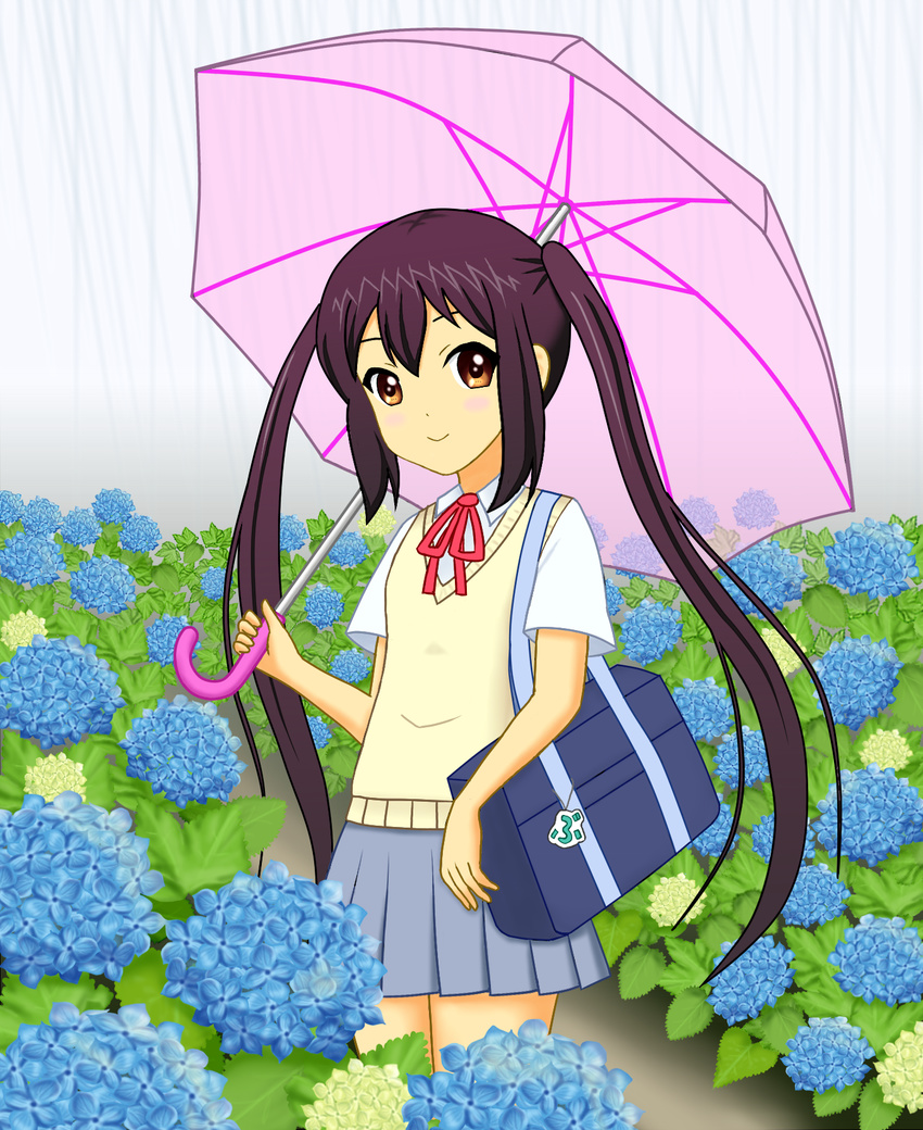 1girl black_hair blush clear_umbrella flower hydrangea jophiel k-on! looking_at_view looking_at_viewer nakano_azusa outdoors pink_umbrella rain school_bag school_uniform smile solo sweater_vest twintails umbrella