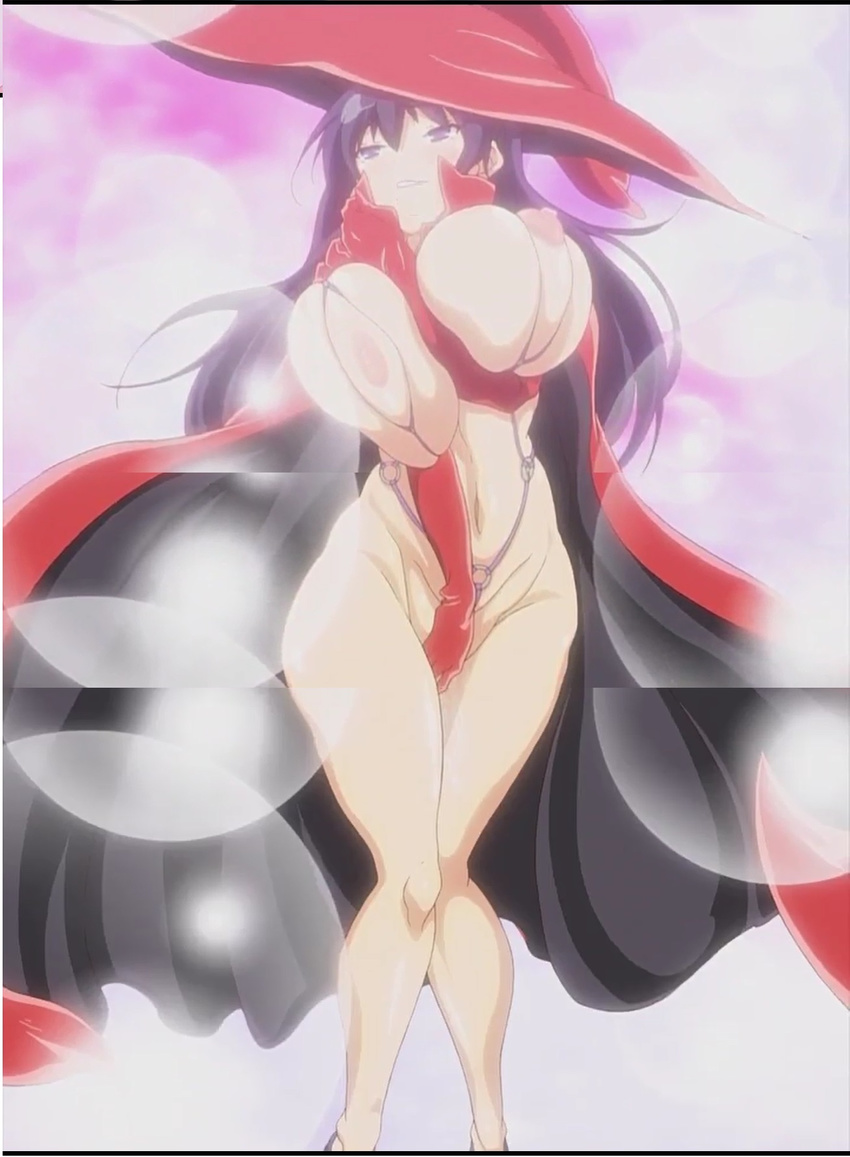 1girl black_hair breasts cape female gyakuten_majo_saiban:_chijo_na_majo_ni_sabakarechau hat huge_breasts kaoru_enma long_hair nipples pink_pineapple plump screencap smile solo thick_thighs witch witch_hat