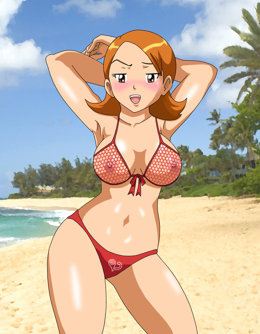 beach bikini blush breasts digimon naughty_face nipples orange_hair palcomix posing short_hair swimsuit takenouchi_sora