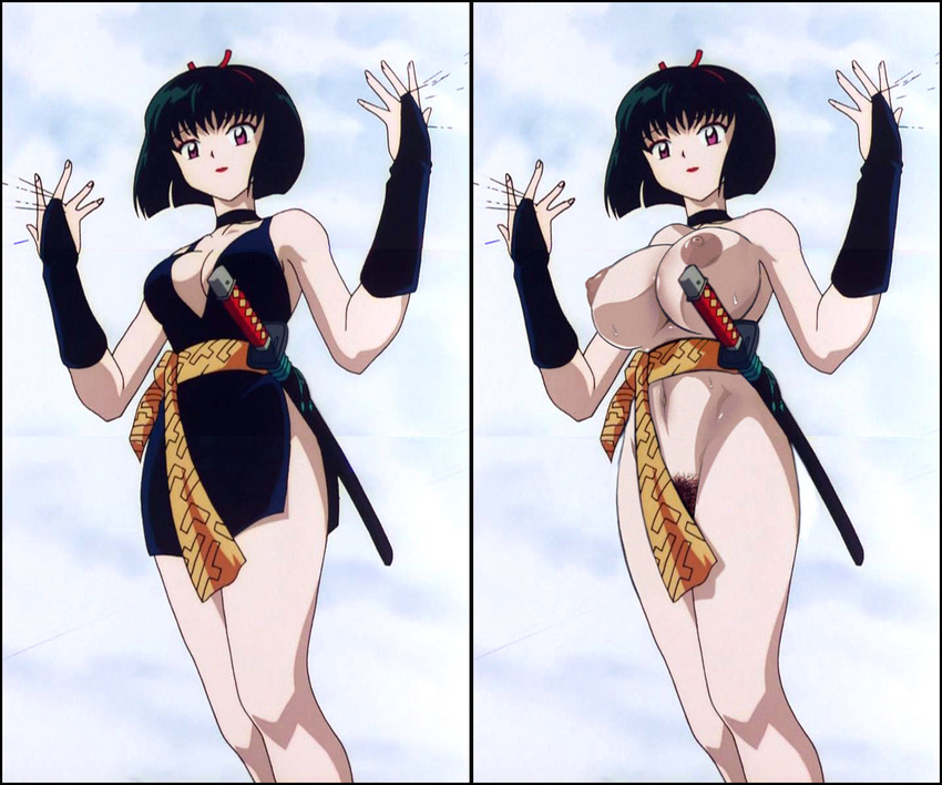 1girl bare_legs black_hair breasts choker cleavage edited eyeshadow female hairband hairy huge_breasts inuyasha japanese_clothes kimono lipstick makeup ninja nipples nude official_art red_eyes short_hair short_kimono sweat sword weapon yura_of_the_hair