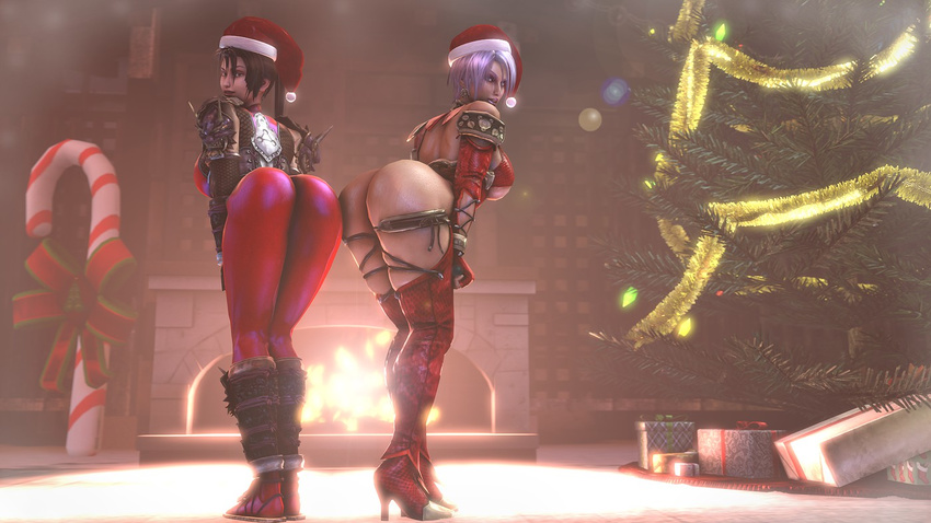 3d armor ass ass-to-ass bent_over big_buttocks black_hair bodysuit boots breasts candy chains christmas christmas_tree fireplace gift high_heel_boots high_heels huge_ass isabella_valentine large_breasts legs leotard long_hair looking_at_viewer multiple_girls naughty_face ponytail purple_hair room round_ass short_hair skin_tight smile soul_calibur source_filmmaker spandex taki_(soulcalibur) thick_thighs thigh_boots thighhighs thong thong_leotard underboob unitard