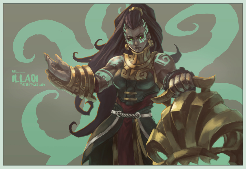 absurdres bare_shoulders brown_background character_name dark_skin earrings facial_tattoo green_eyes highres illaoi jewelry league_of_legends long_hair monori_rogue ponytail solo tattoo tentacles
