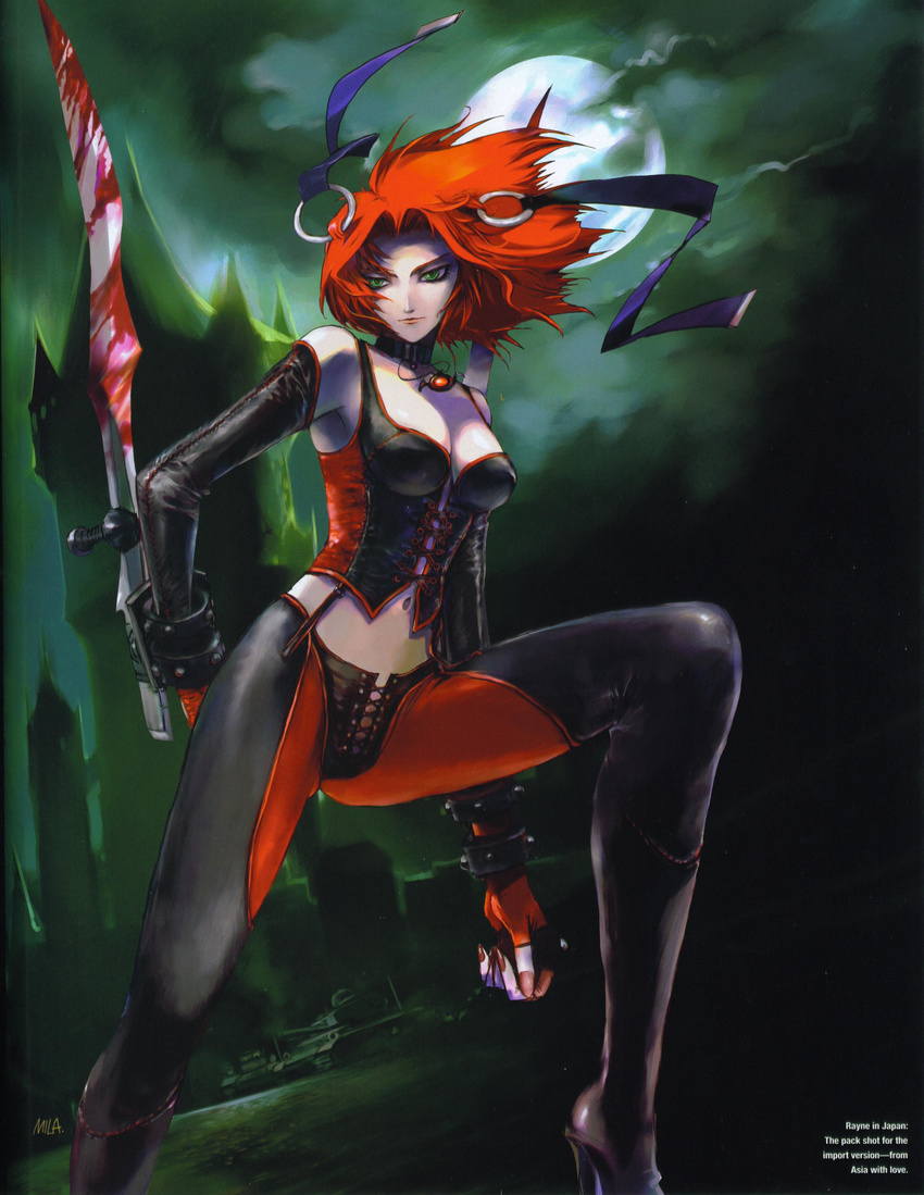 1girl bare_shoulders blood bloodrayne bloodrayne_(videogame) breasts choker cleavage elbow_gloves fingerless_gloves gloves green_eyes halter_top halterneck high_heels jewelry leather leather_armor red_hair shoes solo sword thighhighs weapon