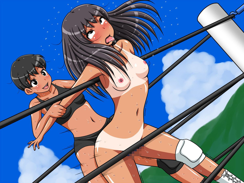 2girls arm_grab blush breasts censored clothed_female_nude_female clothed_on_nude doggystyle femdom motion_lines multiple_girls nude saliva strap-on sweat tanline tongue_out wrestling wrestling_ring yuri yuuyake_roji