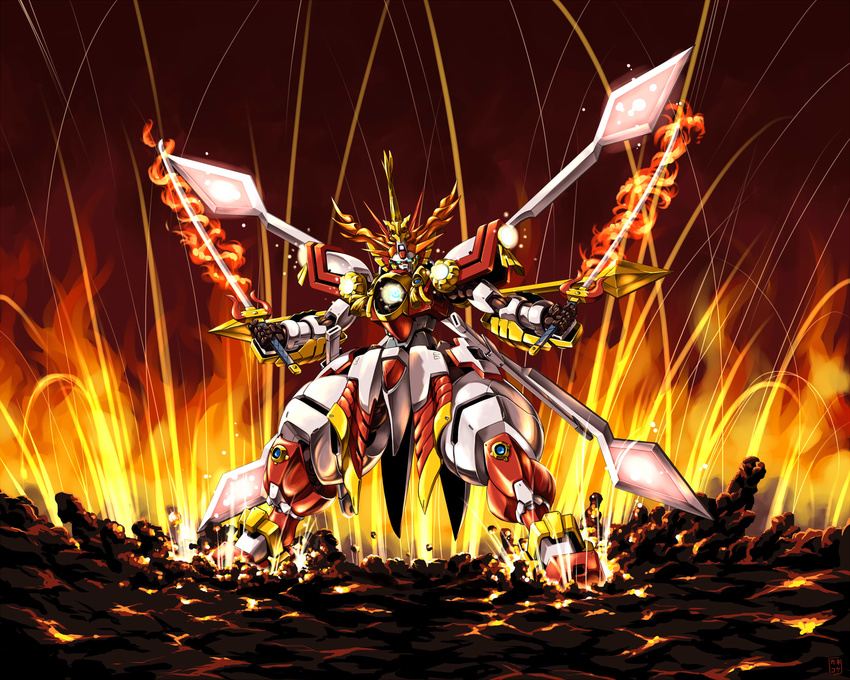 dual_wielding fire god_gundam gundam highres holding kaneko_tsukasa katana mecha no_humans sd_gundam sd_gundam_force solo sword weapon