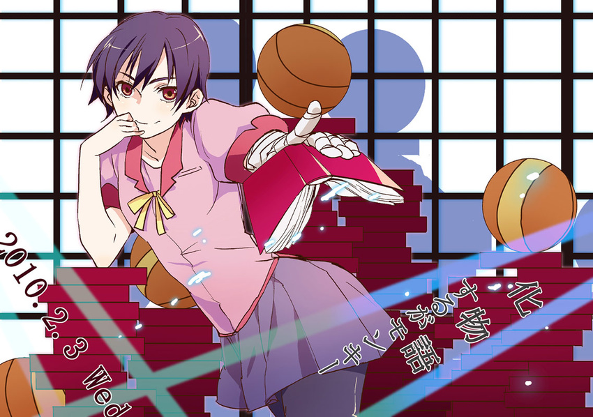 bad_id bad_pixiv_id bakemonogatari bandages basketball book kanbaru_suruga monogatari_(series) purple_hair red_eyes school_uniform short_hair solo tomboy yume_mizuumi