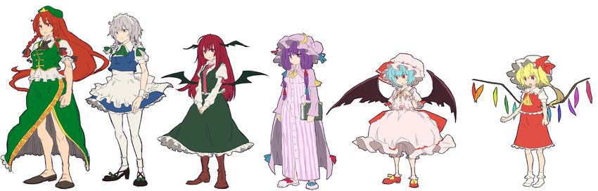 :d apron bad_id bad_pixiv_id bat_wings blonde_hair blue_dress book braid brooch capelet cravat crescent crystal demon_girl demon_wings dress expressionless flandre_scarlet full_body green_dress green_skirt hands_together hat head_wings highres holding holding_book hong_meiling izayoi_sakuya jewelry koakuma long_hair long_sleeves maid maid_headdress matsutani mob_cap multiple_girls open_mouth patchouli_knowledge pink_dress purple_eyes purple_hair red_dress red_eyes red_hair remilia_scarlet short_sleeves sidelocks silver_hair simple_background skirt smile socks standing succubus the_embodiment_of_scarlet_devil touhou twin_braids v_arms vampire very_long_hair vest white_background white_legwear wings