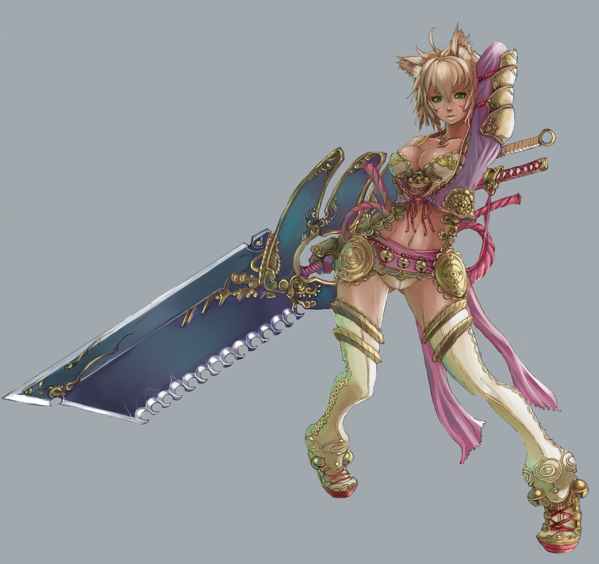 animal_ears armor breasts cherokee_(1021tonii) cleavage copyright_request green_eyes highres huge_weapon medium_breasts sash solo sword weapon