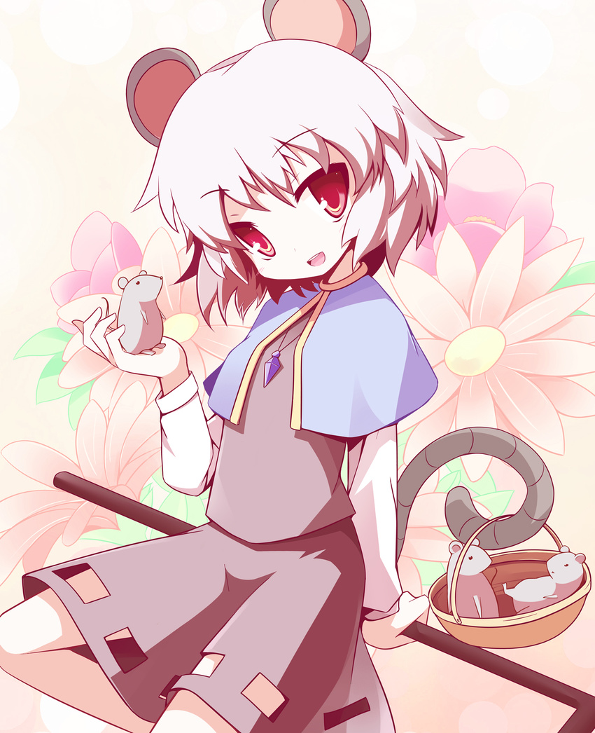 animal_ears basket capelet flower grey_hair highres jewelry miko_machi mouse mouse_ears mouse_tail nazrin pendant red_eyes short_hair solo tail touhou