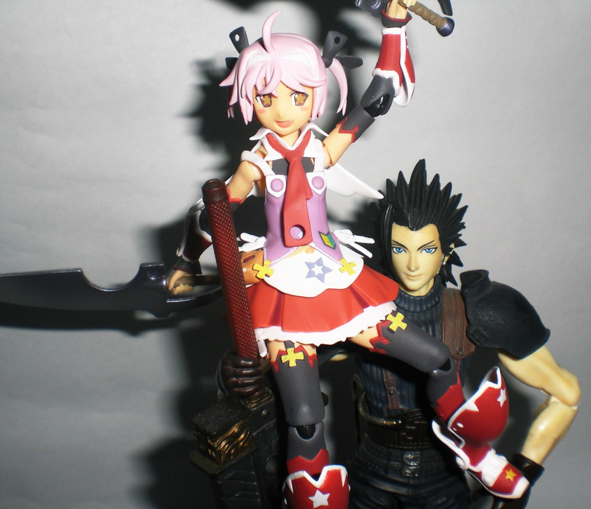 1girl ahoge black_hair buster_sword crisis_core_final_fantasy_vii crossover cute_(queen's_blade) dual_wielding figma figure final_fantasy final_fantasy_vii holding open_mouth photo pink_hair play_arts queen's_blade shoulder_pads skirt sword thighhighs weapon zack_fair zettai_ryouiki