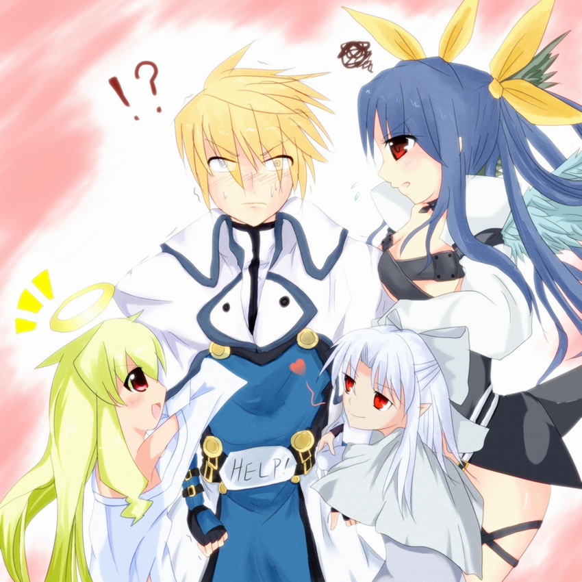 3girls ? albino angelia_avallone arcana_heart arcana_heart_2 belt between_breasts blonde_hair blue_hair blush bow breasts cape choker cleavage crossover demon_girl dizzy english fingerless_gloves flat_chest gloves guilty_gear hair_bow halo heart highres hug ky_kiske long_hair medium_breasts melty_blood multiple_girls nervous no_bra off_shoulder pointy_ears red_eyes ribbon short_hair sideboob smile strap sweat sweatdrop tail trench_coat tsukihime twintails white_hair white_len wings