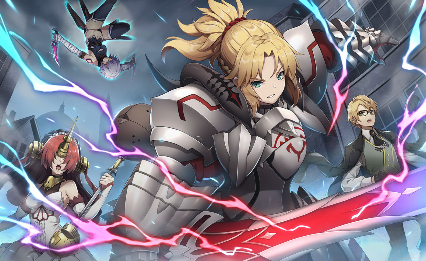 1boy 3girls airborne aqua_eyes armor bandage blonde_hair bolt boots braid city coat dagger dome dual_wielding elbow_gloves energy fate/apocrypha fate/grand_order fate_(series) frankenstein's_monster_(fate) full_armor gauntlets glasses gloves gorget green_eyes hair_over_eyes halterneck holding horns jack_the_ripper_(fate/apocrypha) jacket_on_shoulders jekyll_and_hyde_(fate) kiyo_(chaoschyan) lavender_hair long_hair midriff mordred_(fate) mordred_(fate)_(all) multiple_girls navel panties pauldrons ponytail red_hair scrunchie staff sword thigh_boots thighhighs underwear veil weapon