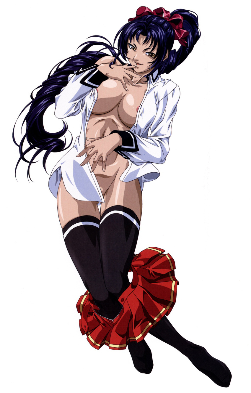 1girl abs areolae bible_black bible_black_gaiden black_legwear blue_hair bow breasts cleavage drill_hair feet female finger_to_mouth groin hair_bow hair_ribbon highres kein_yachimata kozono_nami large_breasts long_hair looking_at_viewer mound_of_venus naughty_face no_bra no_panties no_shoes official_art open_clothes open_mouth open_shirt ponytail ribbon scan school_uniform shirt skirt skirt_pull smile solo thigh_gap thighhighs undressing unzipped very_long_hair yellow_eyes yoshiten zipper