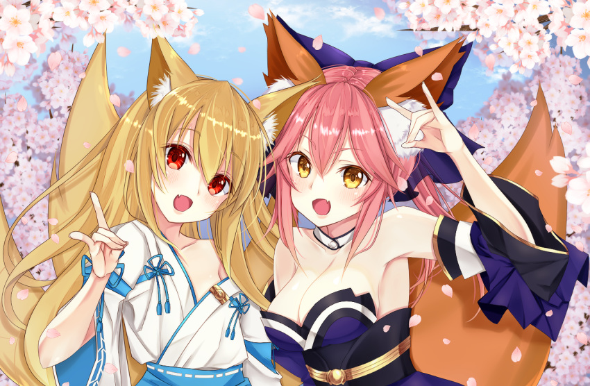 2girls :d \n/ animal_ear_fluff animal_ears arm_at_side arm_up armpits bangs bare_shoulders blonde_hair blue_bow blue_kimono blue_ribbon blush bow breasts brown_eyes character_request cherry_blossoms cleavage collarbone crossover day detached_collar eyebrows_visible_through_hair fang fate/extra fate_(series) fox_ears fox_shadow_puppet fox_tail hair_between_eyes hair_bow heart japanese_clothes kimono kimono_pull kirbyffcc kitsune large_breasts long_hair long_sleeves looking_at_viewer multiple_girls multiple_tails obi off_shoulder open_mouth outdoors petals phantasy_star phantasy_star_online_2 pink_hair ribbon sash short_sleeves sidelocks single_bare_shoulder smile spring_(season) striped tail tamamo_(fate)_(all) tamamo_no_mae_(fate) tareme upper_body v-shaped_eyebrows vertical_stripes white_kimono wide_sleeves