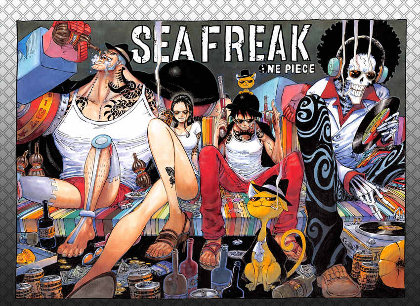 1girl 3boys afro alcohol beer_can bottle brook cat cigarette couch franky hat money monkey_d_luffy multiple_boys nico_robin oda_eiichirou official_art one_piece phonograph pizza record sitting skeleton smoking soda_bottle sunglasses tattoo