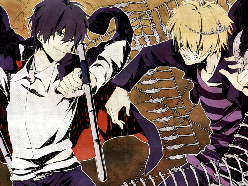 2boys belphegor_(reborn) black_hair blonde_hair closed_mouth commentary_request grin hair_over_eyes hibari_kyouya katekyo_hitman_reborn! male_focus multiple_boys shirt smile striped striped_shirt tiara