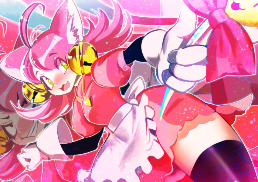 1girl animal_ears bells cat_ears dual_persona fang gloves green_eyes hakkasame mad_mew_mew magical_girl pink_hair staff undertale white_gloves