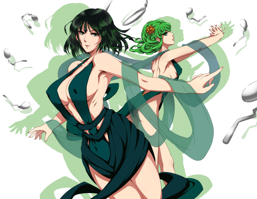 &gt;:) adapted_costume akino_(gokosei) armpits ass backless_dress backless_outfit bare_shoulders bent_spoon breasts closed_mouth commentary_request covered_nipples cowboy_shot curly_hair dress drop_shadow flower from_side fubuki_(one-punch_man) green_dress green_eyes green_hair hair_flower hair_ornament highres kneepits large_breasts leaning_forward looking_at_viewer multiple_girls one-punch_man outstretched_arms pelvic_curtain profile revealing_clothes shawl short_hair siblings sideboob sisters sleeveless sleeveless_dress small_breasts smile spoon spread_arms tatsumaki telekinesis v-shaped_eyebrows white_background