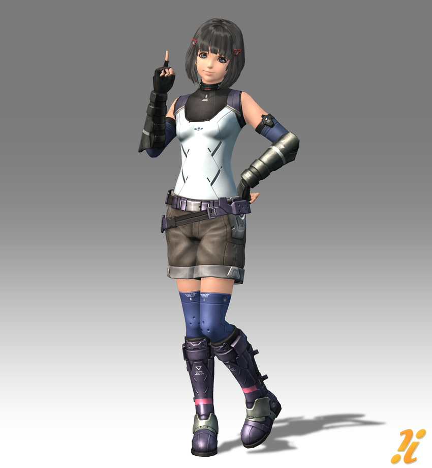 armor belt black_eyes black_hair boots fingerless_gloves gloves hair_ornament hairclip hairpin hand_on_hip huge_filesize lynlee_kuu nintendo official_art shorts solo thighhighs xenoblade_chronicles_x