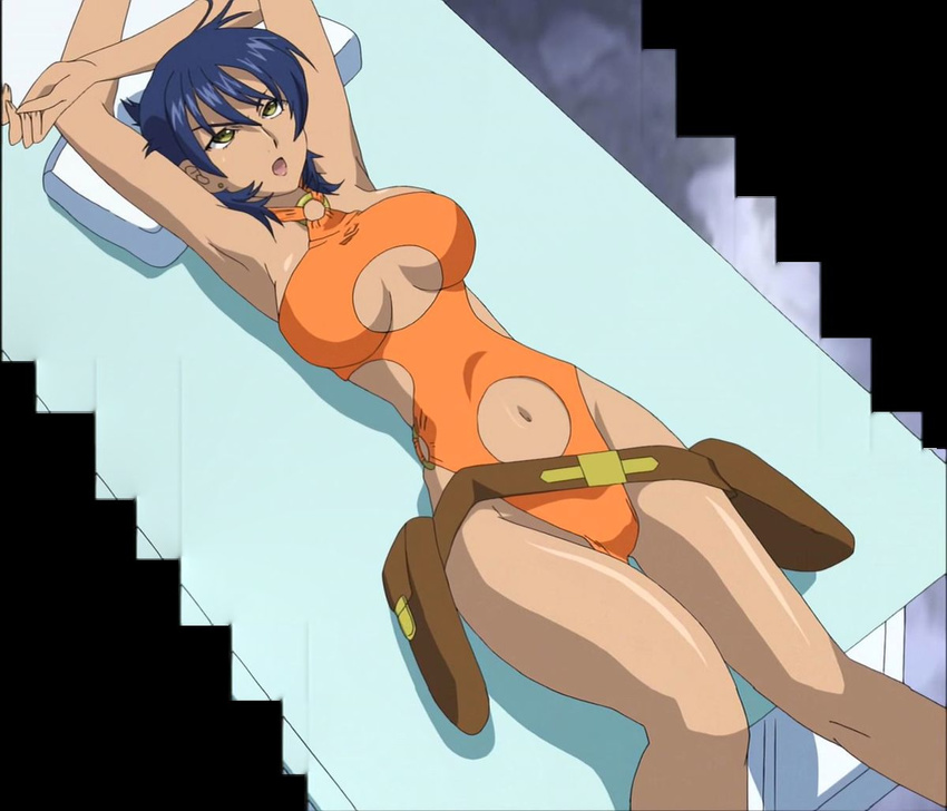 1girl blue_hair breasts carmen99 dark_skin female gunxsword one-piece_swimsuit screencap sideboob swimsuit