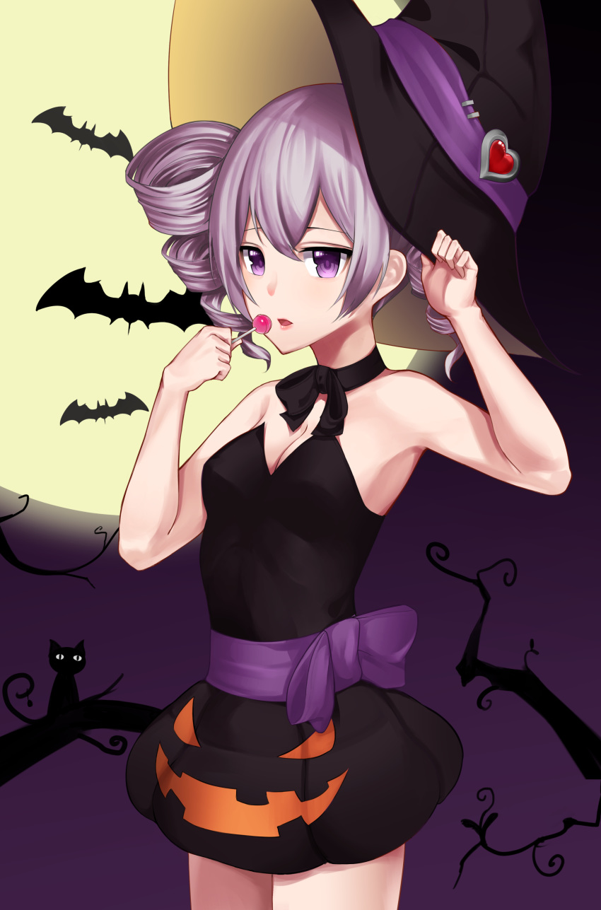 1girl absurdres alternate_eye_color alternate_skin_color bat black_dress black_hat black_ribbon breasts cat choker cleavage cowboy_shot dress drill_hair halloween halloween_costume hat hat_ribbon heart_hat_ornament highres holding_lollipop honkai_(series) honkai_impact_3 kasane_teto medium_breasts moon open_mouth pleated_dress print_dress purple_eyes purple_ribbon ribbon ribbon_choker short_dress silver_hair solo standing star741 strapless strapless_dress twin_drills twintails witch_hat