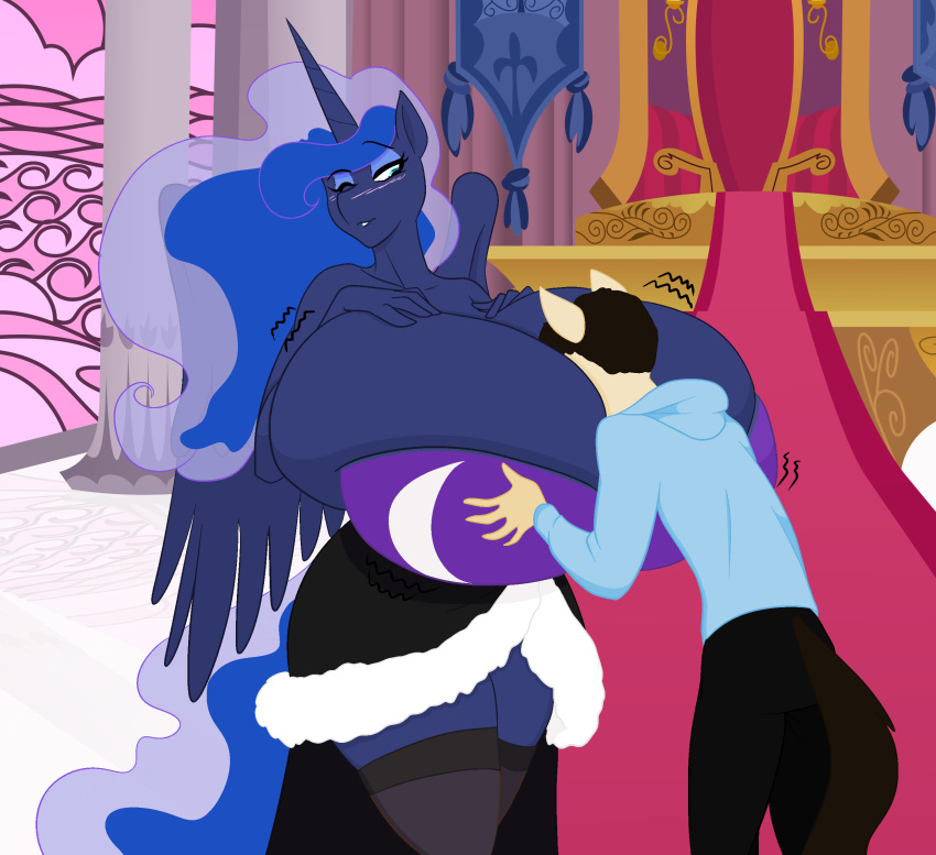 anthro big_breasts blue_eyes blue_hair blush breasts chair cleavage clothed clothing equine fan_character friendship_is_magic hair horn horse huge_breasts hyper hyper_breasts legwear magister39 mammal marauder6272 motorboat motorboating my_little_pony one_eye_closed partially_clothed pony princess_luna_(mlp) speedbumpv-drop stockings throne throne_room winged_unicorn wings