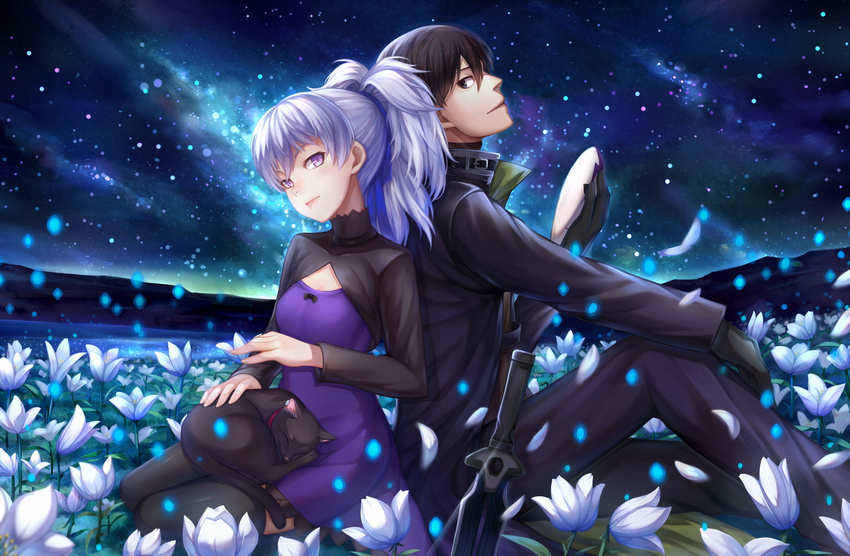 1girl back-to-back black_cat black_gloves black_hair black_legwear cat choukoukou_no_diaosi dagger darker_than_black flower gloves hei highres looking_back mao_(darker_than_black) mask night night_sky ponytail purple_eyes silver_hair sitting sky thighhighs weapon yin