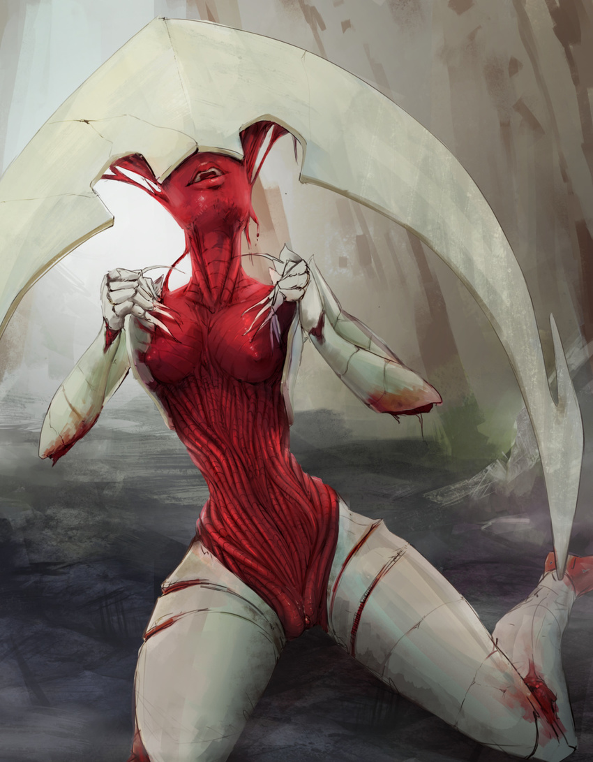 1girl blood breasts claws elesh_norn kneeling long_nails magic:_the_gathering monster_girl nipples open_mouth pussy solo tinyfaceart