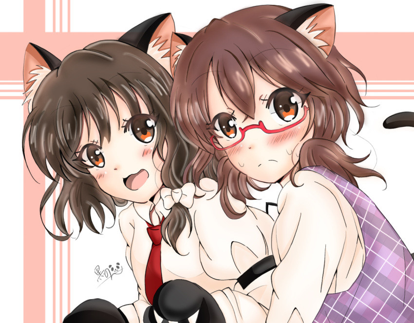 2girls animal_ear_fluff animal_ears armband bending_forward blush brown_eyes brown_hair cat_ears cat_tail commentary_request frown glasses gloves hair_between_eyes hair_ribbon juliet_sleeves kemonomimi_mode kuronon0509 long_sleeves looking_at_viewer loose_necktie low_twintails multiple_girls necktie no_headwear open_mouth paw_gloves paws plaid plaid_vest puffy_sleeves red-framed_eyewear red_neckwear ribbon semi-rimless_eyewear shirt short_hair signature striped striped_background tail touhou tress_ribbon twintails under-rim_eyewear upper_body usami_renko usami_sumireko vest white_background white_shirt