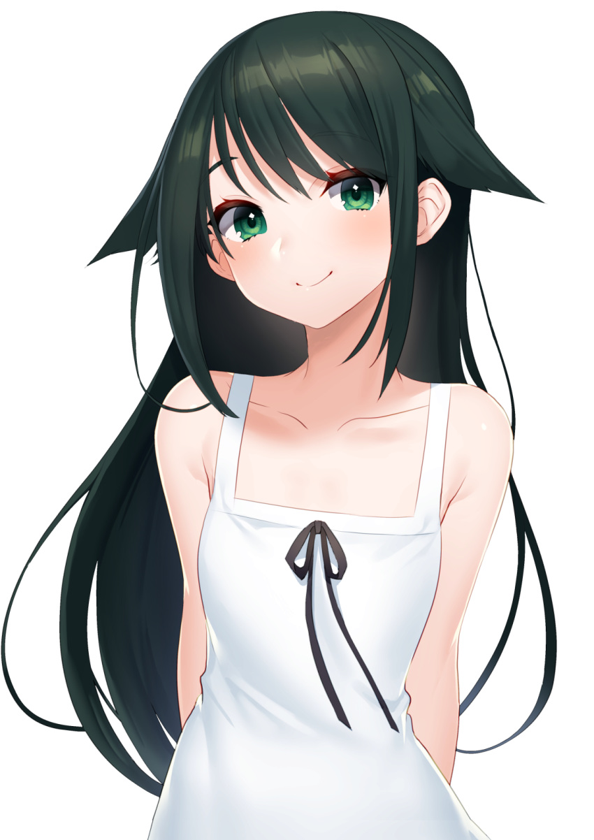 1girl bangs black_ribbon breasts closed_mouth collarbone dress eyebrows_visible_through_hair green_eyes green_hair hair_between_eyes hair_flaps head_tilt highres long_hair mizuki_eiru_(akagi_kurage) ribbon saya saya_no_uta simple_background sleeveless sleeveless_dress small_breasts smile solo sundress upper_body very_long_hair white_background white_dress