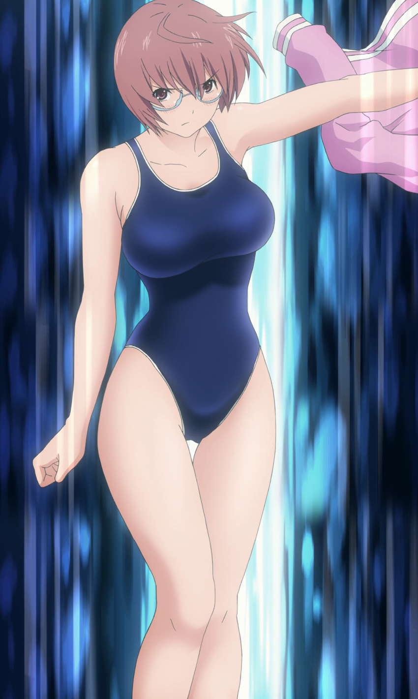 1girl bare_shoulders breasts brown_eyes brown_hair female glasses hatsukoi_limited large_breasts school_swimsuit screencap short_hair solo stitched swimsuit watase_meguru