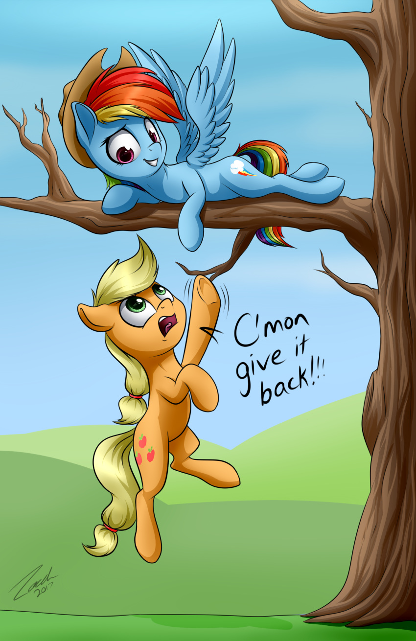 2017 absurd_res applejack_(mlp) cowboy_hat cutie_mark duo earth_pony english_text equine female feral friendship_is_magic hair hat hi_res horse lachlan765 mammal multicolored_hair my_little_pony outside pegasus pony rainbow_dash_(mlp) rainbow_hair sky text tree wings