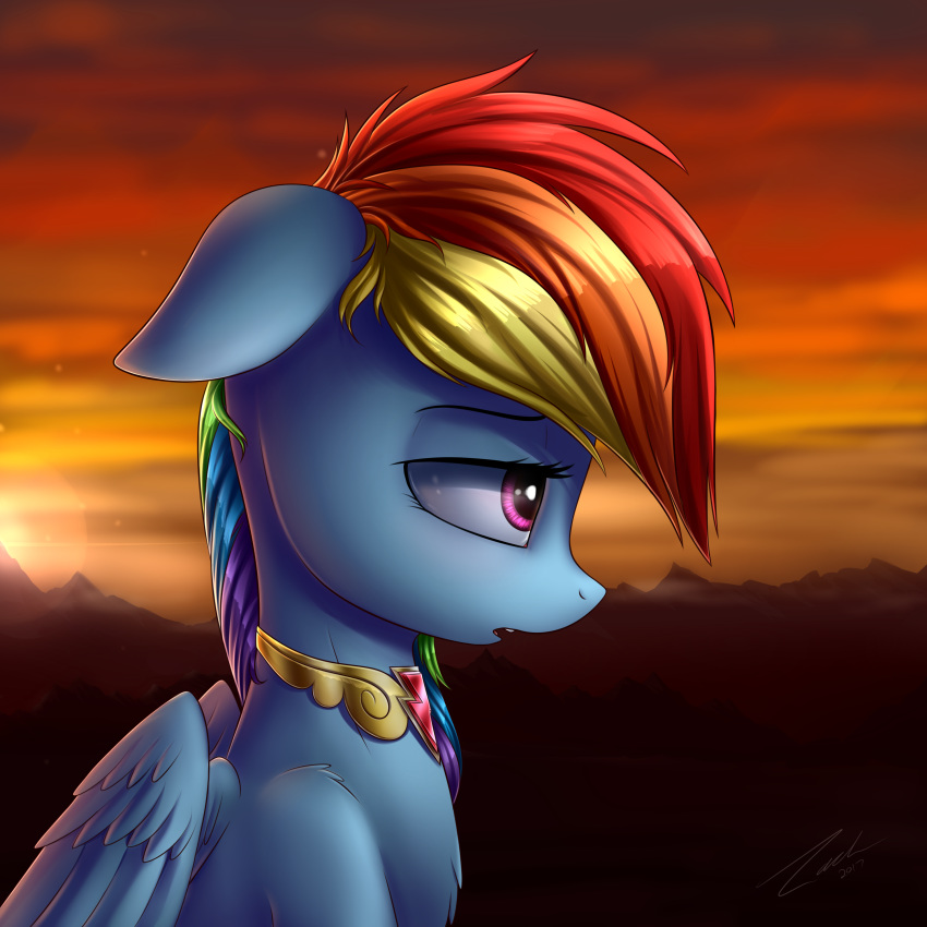 2017 absurd_res equine feathered_wings feathers female feral friendship_is_magic hair hi_res jewelry lachlan765 landscape mammal my_little_pony necklace outside pegasus pink_eyes rainbow_dash_(mlp) sad sky solo sunset wings