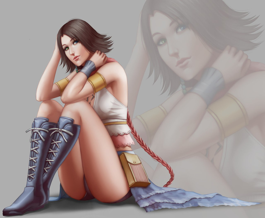 1girl ass audia_pahlevi boots brown_hair final_fantasy final_fantasy_x final_fantasy_x-2 heterochromia knees_up looking_at_viewer ponytail short_hair sitting solo yuna