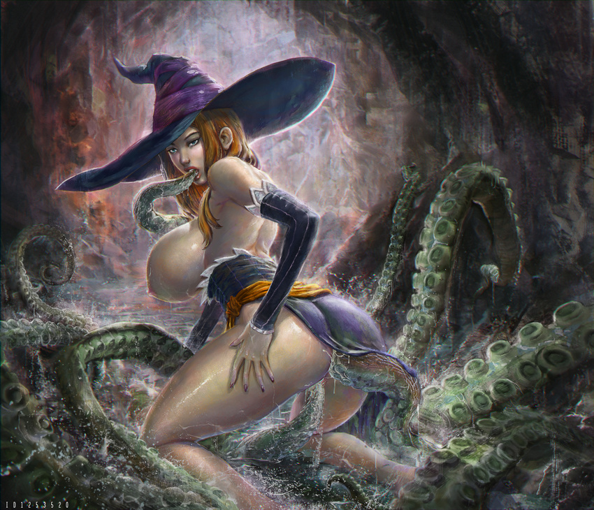 1girl ass breasts brown_hair cave detached_sleeves dragon's_crown dragon's_crown dress hanging_breasts huge_breasts monster nail_polish nipples oral paulo_barrios sorceress_(dragon's_crown) sorceress_(dragon's_crown) suckers tentacle tentacle_sex water witch_hat