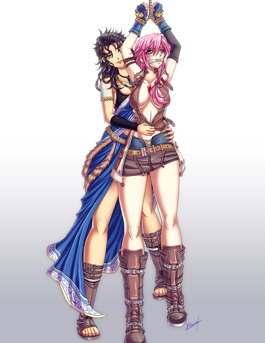 2girls arms_up bdsm bondage bound breasts femdom final_fantasy final_fantasy_xiii karosu-maker lightning_farron multiple_girls oerba_yun_fang pink_hair undressing unzipped yuri