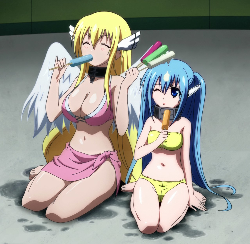 2girls astraea barefoot bikini blonde_hair blue_eyes blue_hair breasts collar food head_wings ice_cream large_breasts multiple_girls navel nymph_(sora_no_otoshimono) popsicle screencap small_breasts sora_no_otoshimono swimsuit twintails