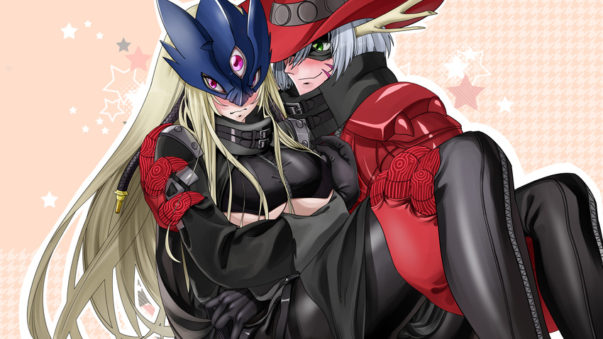 1girl antlers beelstarmon belt black_gloves black_legwear blonde_hair blush breast_hold breasts carrying closed_mouth commentary_request couple cowboy_hat digimon domino_mask facial_mark gloves green_eyes hat helmet hetero high_collar highres large_breasts long_hair long_sleeves looking_at_another looking_at_viewer magnakidmon markings mask multiple_belts neo_gra1x6 pants pauldrons pink_background pink_eyes princess_carry short_hair sidelocks silver_hair skin_tight smile spandex star third_eye tight tight_pants underboob wavy_mouth zipper