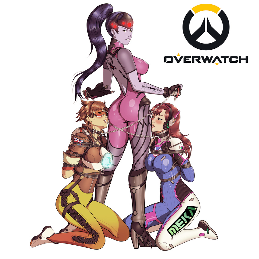 amelie_lacroix arms_behind_back ass bdsm blush bodysuit bondage bound breasts brown_eyes brown_hair chains collar d.va d.va_(overwatch) femdom goggles hana_song high_heels kneeling large_breasts leash lena_oxton licking lip_bite long_hair multiple_girls open_mouth overwatch ponytail purple_hair purple_skin reptileye saliva short_hair skin_tight slave tongue_out tracer_(overwatch) widowmaker_(overwatch) yuri