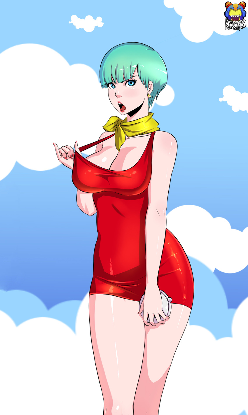 aqua_hair blue_eyes blush breasts bulma dragon_ball dragonball_z dress earring kyoffie large_breasts lipstick makeup open_mouth scarf