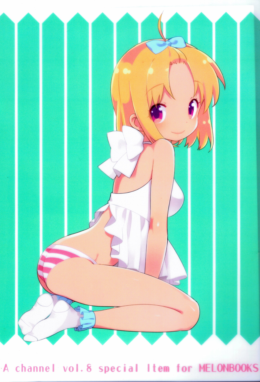 a_channel absurdres blonde_hair dress hair_ribbon highres kuroda_bb looking_at_viewer looking_back momoki_run panties ribbon simple_background striped striped_panties underwear white_dress white_legwear