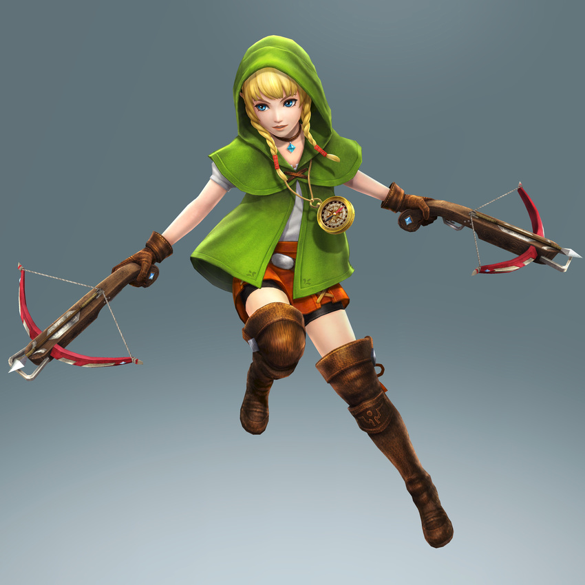 3d absurdres bangs bike_shorts blonde_hair blue_eyes boots bow_(weapon) braid brown_boots brown_legwear capelet choker compass crossbow dual_wielding gloves highres hood jewelry leather leather_boots leather_gloves linkle long_hair necklace nintendo official_art pointy_ears shorts_under_skirt sidelocks solo the_legend_of_zelda thigh_boots thighhighs twin_braids weapon zelda_musou