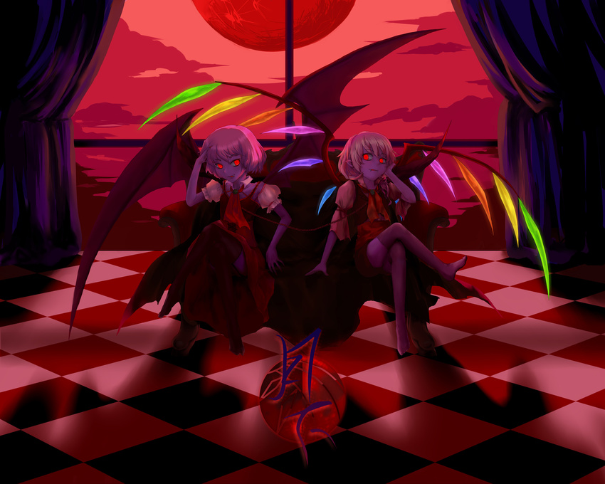 bat_wings chain checkered checkered_floor crossed_legs fangs flandre_scarlet full_moon glowing glowing_eyes goocn highres moon moonlight multiple_girls night no_hat no_headwear red_eyes red_moon remilia_scarlet siblings sisters sitting thighhighs touhou vanishing_point window wings