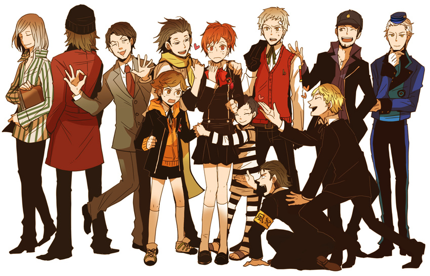 6+boys amada_ken andre_roland_jean_gerard aragaki_shinjirou armband blonde_hair blush bow brown_hair closed_eyes female_protagonist_(persona_3) hat hug iori_junpei kamiki_akinari mochizuki_ryouji multiple_boys odagiri_hidetoshi one_eye_closed persona persona_3 persona_3_portable pharos president_tanaka ribbon sanada_akihiko scarf school_uniform short_hair skirt smile sudachips sweatdrop teodor trench_coat