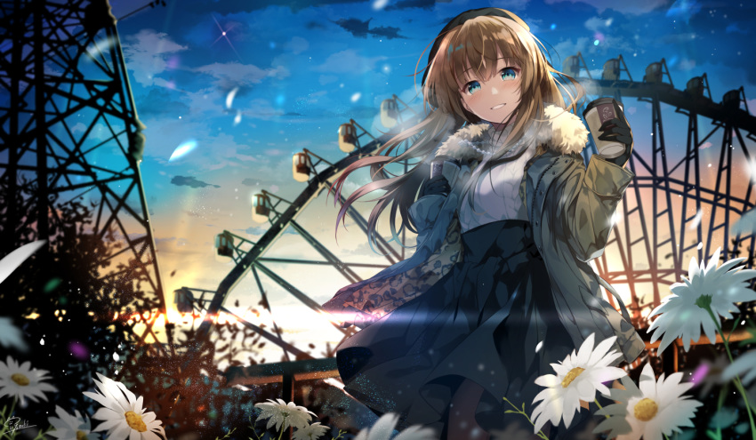 1girl aran_sweater black_legwear blue_eyes blue_skirt blue_sky blush breasts breathing brown_coat cloud coat coffee_cup commentary_request cup disposable_cup ferris_wheel floating_hair flower fur-trimmed_coat fur_trim high-waist_skirt hirai_yuzuki holding holding_cup jewelry lens_flare light_particles long_hair looking_at_viewer multicolored multicolored_sky necklace open_clothes open_coat original pantyhose parted_lips pearl_necklace signature skirt sky smile solo steam sunrise sweater turtleneck turtleneck_sweater white_flower white_sweater wind wind_lift yellow_sky