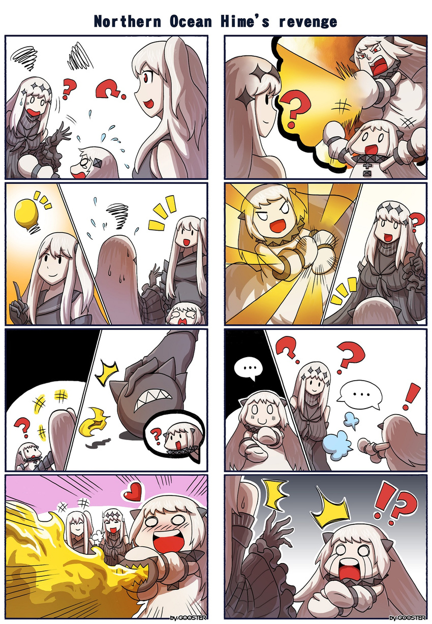 +_+ ... 3girls 4koma :d ? ^_^ aircraft_carrier_oni aircraft_carrier_water_oni blush closed_eyes comic crying detached_sleeves dragon_ball dress enemy_aircraft_(kantai_collection) flying_sweatdrops gooster hair_ornament heart highres horns kamehameha kantai_collection light_bulb mittens multiple_4koma multiple_girls northern_ocean_hime one_side_up open_mouth red_eyes shinkaisei-kan silent_comic smile spoken_ellipsis streaming_tears sweat tears white_dress white_hair white_skin
