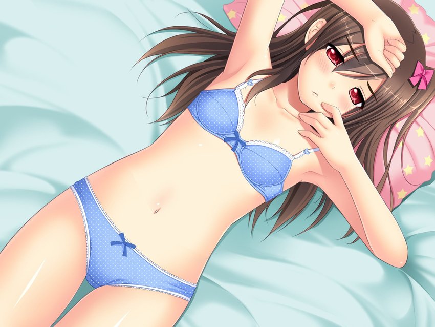 1girl bed blush bra brown_hair cameltoe female hanano_misaki highres long_hair nonohara_miki open_mouth panties red_eyes rune_(company) shorts side_ponytail solo sweat tonari_no_puu-san underwear undressing