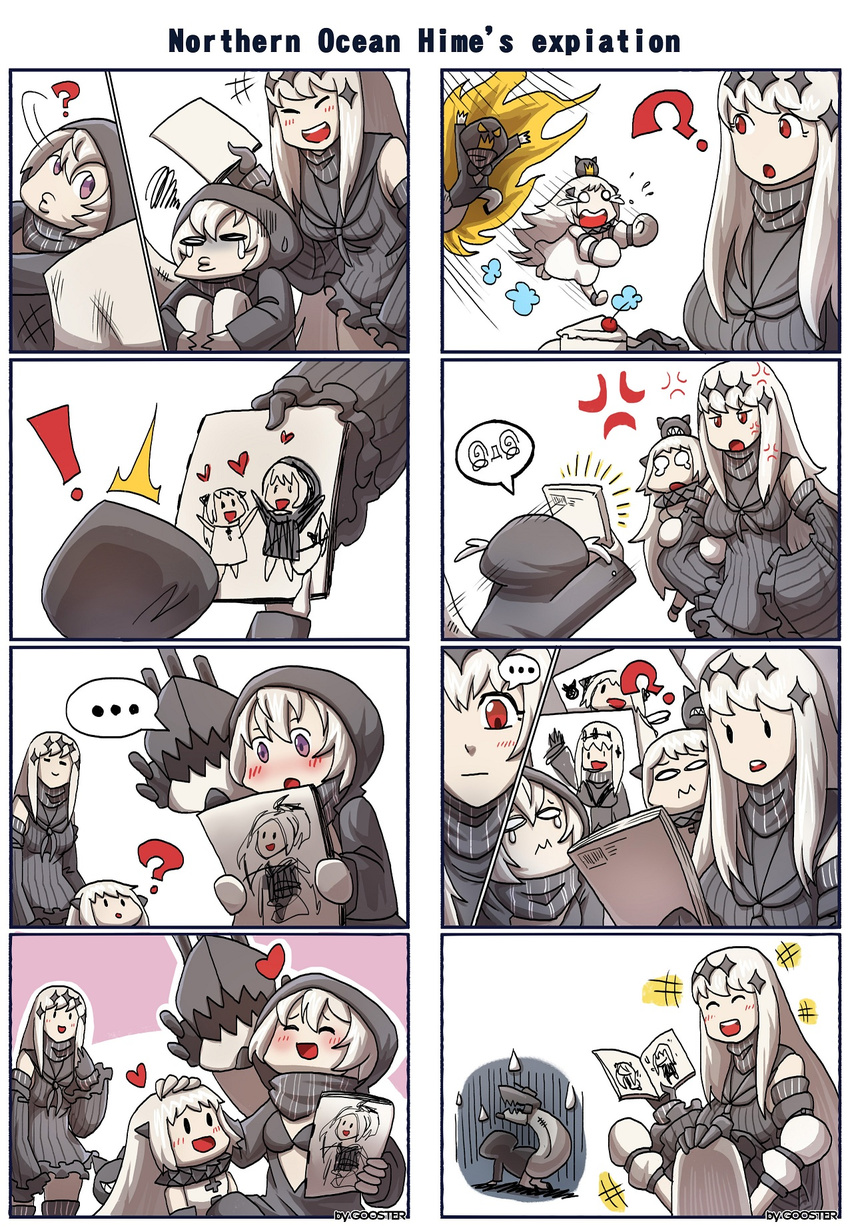 3girls 4koma aircraft_carrier_water_oni armored_aircraft_carrier_oni cake cherry comic enemy_aircraft_(kantai_collection) fleeing food fruit gooster highres horns kantai_collection long_hair mittens multiple_4koma multiple_girls northern_ocean_hime re-class_battleship red_eyes running shinkaisei-kan short_hair silent_comic slice_of_cake tail white_skin