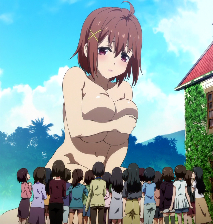 6+girls breasts brown_hair covering covering_breasts giantess group huge_breasts minimi_nimi multiple_girls nude outdoors short_hair sky standing stitched valkyrie_drive valkyrie_drive_-mermaid-